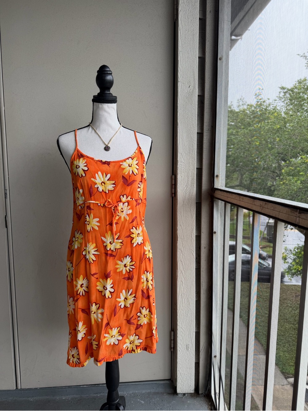 Vintage 70’s Minority Woman Clothes Bright Orange Floral Spaghetti Strap Dress